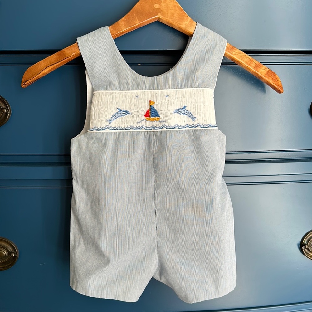 Smocked Sail Boat and Dolphin Seersucker Jon Jon